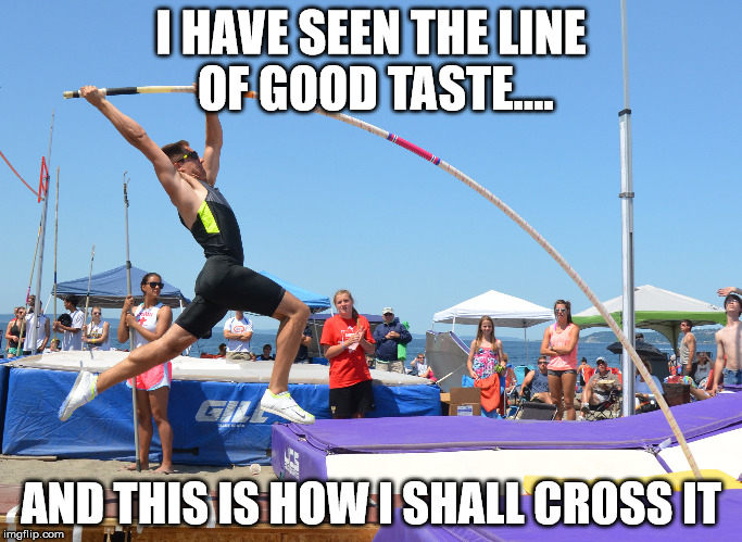 Crossing the line | I HAVE SEEN THE LINE OF GOOD TASTE.... AND THIS IS HOW I SHALL CROSS IT | image tagged in funny memes,stay classy | made w/ Imgflip meme maker