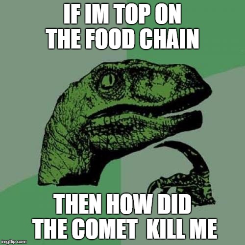 Philosoraptor | IF IM TOP ON THE FOOD CHAIN THEN HOW DID THE COMET 
KILL ME | image tagged in memes,philosoraptor | made w/ Imgflip meme maker