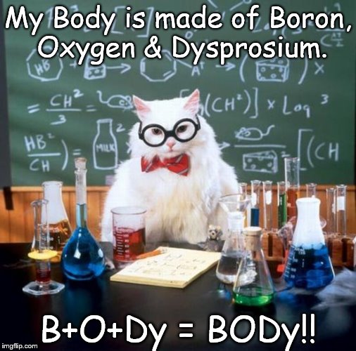 Chemistry Cat | My Body is made of Boron, Oxygen & Dysprosium. B+O+Dy = BODy!! | image tagged in memes,chemistry cat,body,boron,oxygen,dysprosium | made w/ Imgflip meme maker