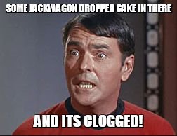 scott | SOME JACKWAGON DROPPED CAKE IN THERE AND ITS CLOGGED! | image tagged in scott | made w/ Imgflip meme maker