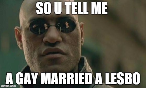 Matrix Morpheus | SO U TELL ME A GAY MARRIED A LESBO | image tagged in memes,matrix morpheus | made w/ Imgflip meme maker