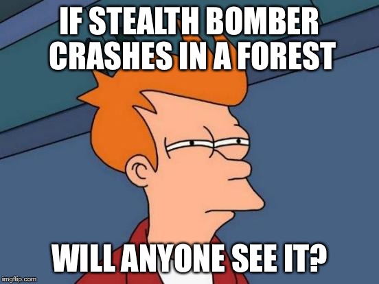 Futurama Fry Meme | IF STEALTH BOMBER CRASHES IN A FOREST WILL ANYONE SEE IT? | image tagged in memes,futurama fry | made w/ Imgflip meme maker