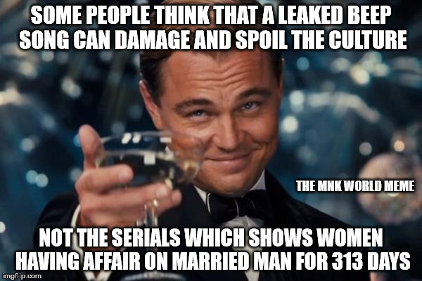 Leonardo Dicaprio Cheers Meme | SOME PEOPLE THINK THAT A LEAKED BEEP SONG CAN DAMAGE AND SPOIL THE CULTURE NOT THE SERIALS WHICH SHOWS WOMEN HAVING AFFAIR ON MARRIED MAN FO | image tagged in memes,leonardo dicaprio cheers | made w/ Imgflip meme maker