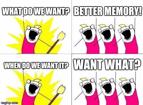 What Do We Want | WHAT DO WE WANT? BETTER MEMORY! WHEN DO WE WANT IT? WANT WHAT? | image tagged in memes,what do we want | made w/ Imgflip meme maker