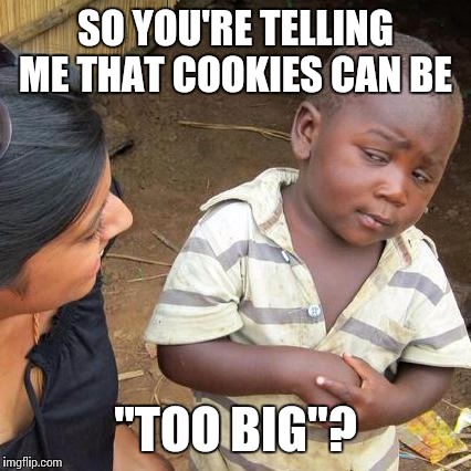 Third World Skeptical Kid | SO YOU'RE TELLING ME THAT COOKIES CAN BE "TOO BIG"? | image tagged in memes,third world skeptical kid | made w/ Imgflip meme maker