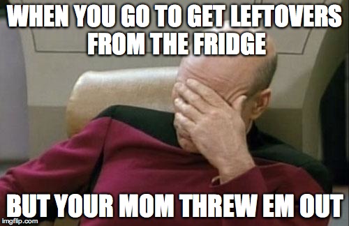Captain Picard Facepalm Meme | WHEN YOU GO TO GET LEFTOVERS FROM THE FRIDGE BUT YOUR MOM THREW EM OUT | image tagged in memes,captain picard facepalm,that moment when,moms | made w/ Imgflip meme maker