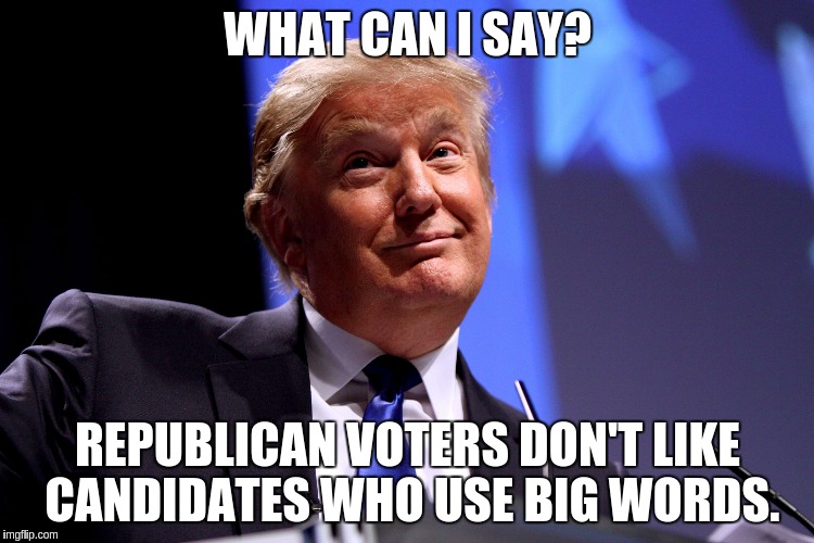 Donald Trump No2 | WHAT CAN I SAY? REPUBLICAN VOTERS DON'T LIKE CANDIDATES WHO USE BIG WORDS. | image tagged in donald trump no2 | made w/ Imgflip meme maker