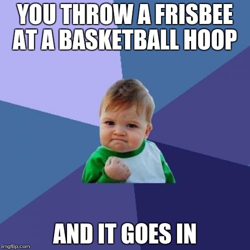 Success Kid Meme | YOU THROW A FRISBEE AT A BASKETBALL HOOP AND IT GOES IN | image tagged in memes,success kid | made w/ Imgflip meme maker
