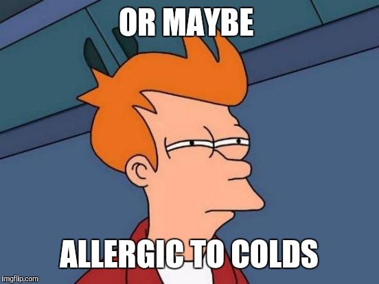 Futurama Fry Meme | OR MAYBE ALLERGIC TO COLDS | image tagged in memes,futurama fry | made w/ Imgflip meme maker