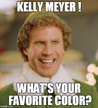 Buddy The Elf | KELLY MEYER ! WHAT'S YOUR FAVORITE COLOR? | image tagged in memes,buddy the elf | made w/ Imgflip meme maker