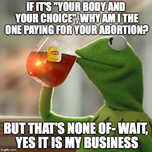 That actually is my business! | IF IT'S "YOUR BODY AND YOUR CHOICE", WHY AM I THE ONE PAYING FOR YOUR ABORTION? BUT THAT'S NONE OF- WAIT, YES IT IS MY BUSINESS | image tagged in memes,but thats none of my business,kermit the frog,abortion | made w/ Imgflip meme maker