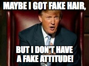 Donald Trump | MAYBE I GOT FAKE HAIR, BUT I DON'T HAVE A FAKE ATTITUDE! | image tagged in donald trump | made w/ Imgflip meme maker