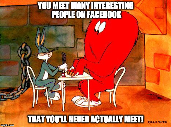 Bugs Bunny and Gossamer | YOU MEET MANY INTERESTING PEOPLE ON FACEBOOK THAT YOU'LL NEVER ACTUALLY MEET! | image tagged in bugs bunny and gossamer | made w/ Imgflip meme maker