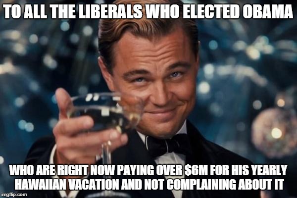 Leonardo Dicaprio Cheers Meme | TO ALL THE LIBERALS WHO ELECTED OBAMA WHO ARE RIGHT NOW PAYING OVER $6M FOR HIS YEARLY HAWAIIAN VACATION AND NOT COMPLAINING ABOUT IT | image tagged in memes,leonardo dicaprio cheers | made w/ Imgflip meme maker
