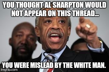 Al Sharpton | YOU THOUGHT AL SHARPTON WOULD NOT APPEAR ON THIS THREAD... YOU WERE MISLEAD BY THE WHITE MAN. | image tagged in al sharpton | made w/ Imgflip meme maker