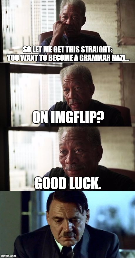 Morgan Freeman Good Luck Meme | SO LET ME GET THIS STRAIGHT: YOU WANT TO BECOME A GRAMMAR NAZI... ON IMGFLIP? GOOD LUCK. | image tagged in memes,morgan freeman good luck | made w/ Imgflip meme maker