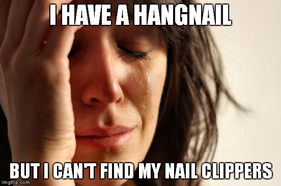 Don't you have it when this happens? | I HAVE A HANGNAIL BUT I CAN'T FIND MY NAIL CLIPPERS | image tagged in memes,first world problems,missing | made w/ Imgflip meme maker