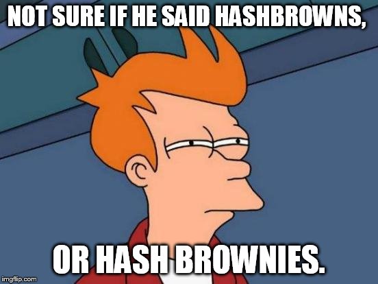 Futurama Fry Meme | NOT SURE IF HE SAID HASHBROWNS, OR HASH BROWNIES. | image tagged in memes,futurama fry | made w/ Imgflip meme maker