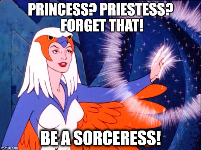 Even Better Than A Priestess | PRINCESS? PRIESTESS? FORGET THAT! BE A SORCERESS! | image tagged in sorceress,he-man,memes,princess,priestess,be a sorceress | made w/ Imgflip meme maker