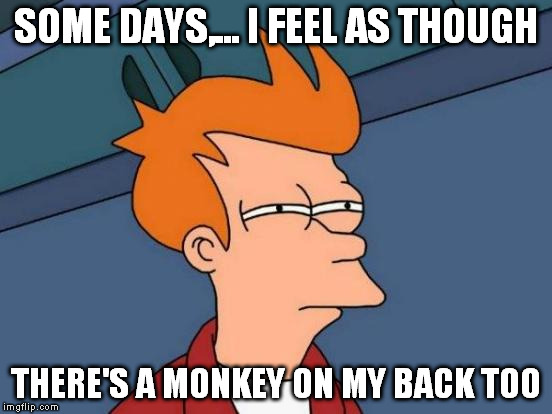 Futurama Fry Meme | SOME DAYS,... I FEEL AS THOUGH THERE'S A MONKEY ON MY BACK TOO | image tagged in memes,futurama fry | made w/ Imgflip meme maker