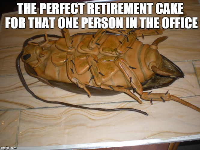 Perfect Retirement Cake | THE PERFECT RETIREMENT CAKE FOR THAT ONE PERSON IN THE OFFICE | image tagged in special cake,retirement party,cockroach,office jerks | made w/ Imgflip meme maker