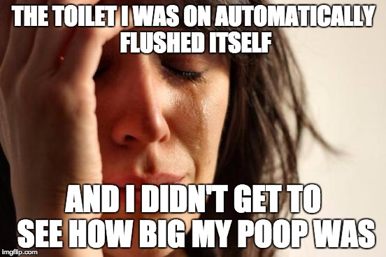 First World Problems Meme | THE TOILET I WAS ON AUTOMATICALLY FLUSHED ITSELF AND I DIDN'T GET TO SEE HOW BIG MY POOP WAS | image tagged in memes,first world problems,AdviceAnimals | made w/ Imgflip meme maker