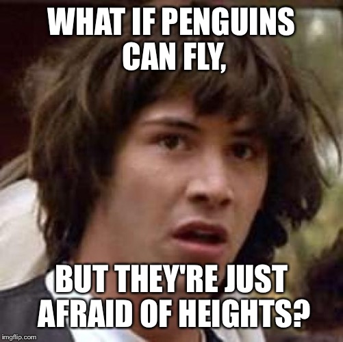 Conspiracy Keanu Meme | WHAT IF PENGUINS CAN FLY, BUT THEY'RE JUST AFRAID OF HEIGHTS? | image tagged in memes,conspiracy keanu | made w/ Imgflip meme maker