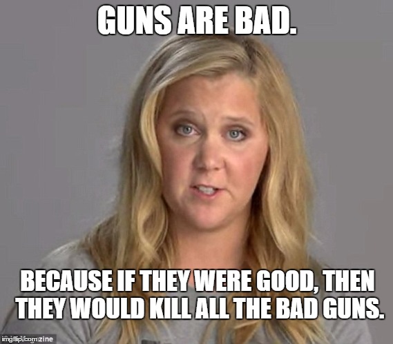 bad guns | GUNS ARE BAD. BECAUSE IF THEY WERE GOOD, THEN THEY WOULD KILL ALL THE BAD GUNS. | image tagged in democrats | made w/ Imgflip meme maker