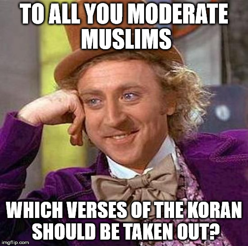 Creepy Condescending Wonka Meme | TO ALL YOU MODERATE MUSLIMS WHICH VERSES OF THE KORAN SHOULD BE TAKEN OUT? | image tagged in memes,creepy condescending wonka | made w/ Imgflip meme maker