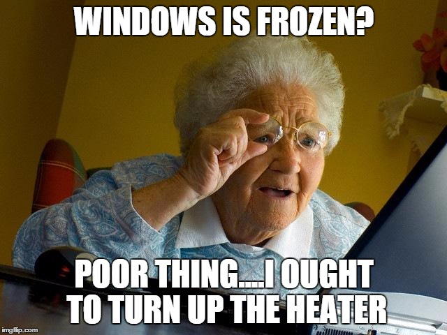 Grandma Finds The Internet Meme | WINDOWS IS FROZEN? POOR THING....I OUGHT TO TURN UP THE HEATER | image tagged in memes,grandma finds the internet | made w/ Imgflip meme maker