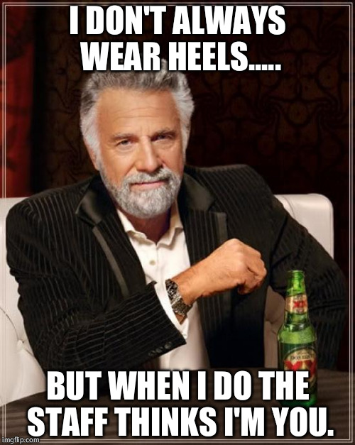The Most Interesting Man In The World | I DON'T ALWAYS WEAR HEELS..... BUT WHEN I DO THE STAFF THINKS I'M YOU. | image tagged in memes,the most interesting man in the world | made w/ Imgflip meme maker