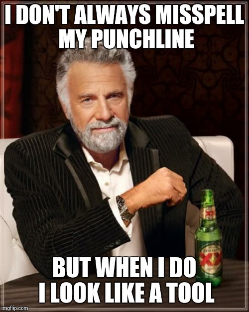 The Most Interesting Man In The World Meme | I DON'T ALWAYS MISSPELL MY PUNCHLINE BUT WHEN I DO I LOOK LIKE A TOOL | image tagged in memes,the most interesting man in the world | made w/ Imgflip meme maker