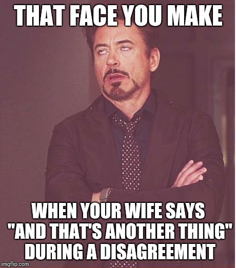 Face You Make Robert Downey Jr Meme | THAT FACE YOU MAKE WHEN YOUR WIFE SAYS "AND THAT'S ANOTHER THING" DURING A DISAGREEMENT | image tagged in memes,face you make robert downey jr | made w/ Imgflip meme maker