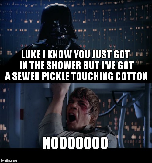 Star Wars No | LUKE I KNOW YOU JUST GOT IN THE SHOWER BUT I'VE GOT A SEWER PICKLE TOUCHING COTTON NOOOOOOO | image tagged in memes,star wars no | made w/ Imgflip meme maker