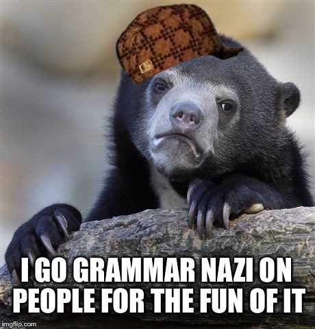 Confession Bear Meme | I GO GRAMMAR NAZI ON PEOPLE FOR THE FUN OF IT | image tagged in memes,confession bear,scumbag | made w/ Imgflip meme maker