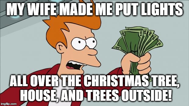 My money fleeing my hand this Christmas season! | MY WIFE MADE ME PUT LIGHTS ALL OVER THE CHRISTMAS TREE, HOUSE, AND TREES OUTSIDE! | image tagged in fry money template,money,christmas,tree,house | made w/ Imgflip meme maker