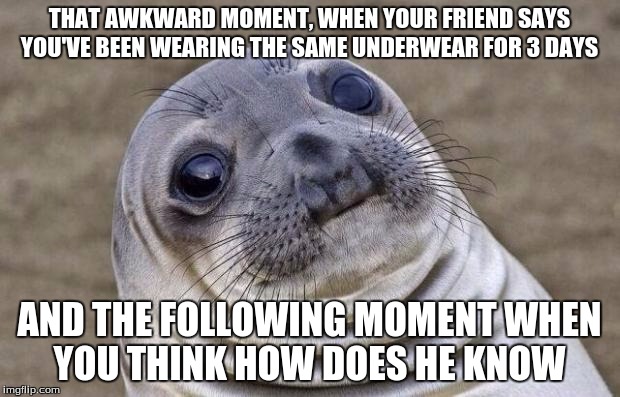 Awkward Moment Sealion | THAT AWKWARD MOMENT, WHEN YOUR FRIEND SAYS YOU'VE BEEN WEARING THE SAME UNDERWEAR FOR 3 DAYS AND THE FOLLOWING MOMENT WHEN YOU THINK HOW DOE | image tagged in memes,awkward moment sealion | made w/ Imgflip meme maker