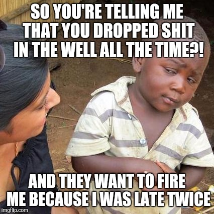 Third World Skeptical Kid Meme | SO YOU'RE TELLING ME THAT YOU DROPPED SHIT IN THE WELL ALL THE TIME?! AND THEY WANT TO FIRE ME BECAUSE I WAS LATE TWICE | image tagged in memes,third world skeptical kid | made w/ Imgflip meme maker