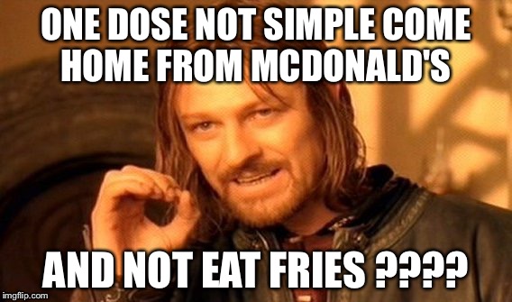 One Does Not Simply | ONE DOSE NOT SIMPLE COME HOME FROM MCDONALD'S AND NOT EAT FRIES ???? | image tagged in memes,one does not simply | made w/ Imgflip meme maker