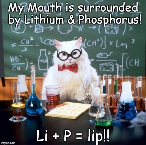 Chemistry Cat | My Mouth is surrounded by Lithium & Phosphorus! Li + P = lip!! | image tagged in memes,chemistry cat,lip,lithium,phosphorus,elements | made w/ Imgflip meme maker