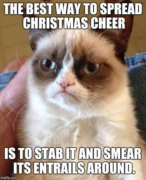 Grumpy Cat Meme | THE BEST WAY TO SPREAD CHRISTMAS CHEER IS TO STAB IT AND SMEAR ITS ENTRAILS AROUND. | image tagged in memes,grumpy cat | made w/ Imgflip meme maker