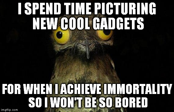 Weird Stuff I Do Potoo Meme | I SPEND TIME PICTURING NEW COOL GADGETS FOR WHEN I ACHIEVE IMMORTALITY SO I WON'T BE SO BORED | image tagged in memes,weird stuff i do potoo | made w/ Imgflip meme maker