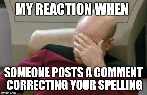 Captain Picard Facepalm Meme | MY REACTION WHEN SOMEONE POSTS A COMMENT CORRECTING YOUR SPELLING | image tagged in memes,captain picard facepalm | made w/ Imgflip meme maker