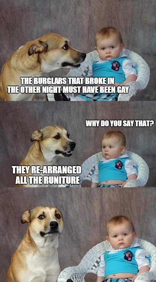 Dad Joke Dog | THE BURGLARS THAT BROKE IN THE OTHER NIGHT MUST HAVE BEEN GAY THEY RE-ARRANGED ALL THE RUNITURE WHY DO YOU SAY THAT? | image tagged in memes,dad joke dog | made w/ Imgflip meme maker