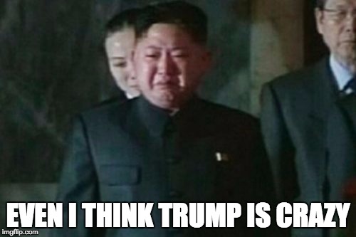 Kim Jong Un Sad Meme | EVEN I THINK TRUMP IS CRAZY | image tagged in memes,kim jong un sad | made w/ Imgflip meme maker