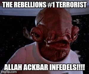 Admiral Ackbar | THE REBELLIONS #1 TERRORIST ALLAH ACKBAR INFEDELS!!!! | image tagged in admiral ackbar | made w/ Imgflip meme maker