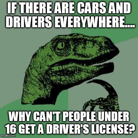 Philosoraptor Meme | IF THERE ARE CARS AND DRIVERS EVERYWHERE.... WHY CAN'T PEOPLE UNDER 16 GET A DRIVER'S LICENSE? | image tagged in memes,philosoraptor | made w/ Imgflip meme maker