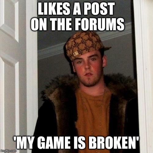 Scumbag Steve Meme | LIKES A POST ON THE FORUMS 'MY GAME IS BROKEN' | image tagged in memes,scumbag steve | made w/ Imgflip meme maker