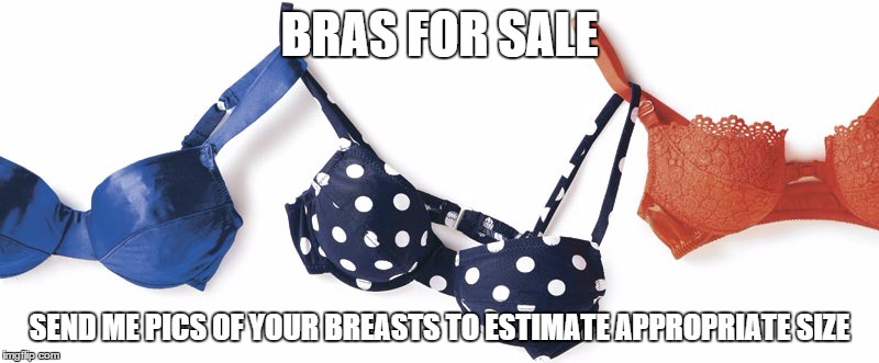 Bras for Sale | BRAS FOR SALE SEND ME PICS OF YOUR BREASTS TO ESTIMATE APPROPRIATE SIZE | image tagged in humor,boobs | made w/ Imgflip meme maker