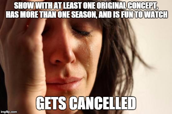 First World Problems Meme | SHOW WITH AT LEAST ONE ORIGINAL CONCEPT, HAS MORE THAN ONE SEASON, AND IS FUN TO WATCH GETS CANCELLED | image tagged in memes,first world problems | made w/ Imgflip meme maker